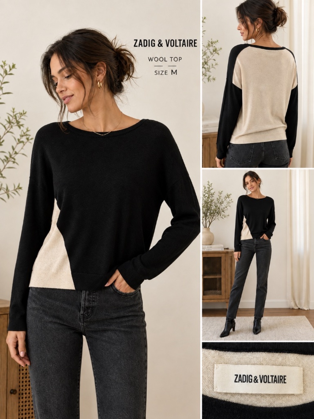 Zadig & Voltaire Black&Cream 2-tone Long Sleeve Sweater gently worn Merino wool